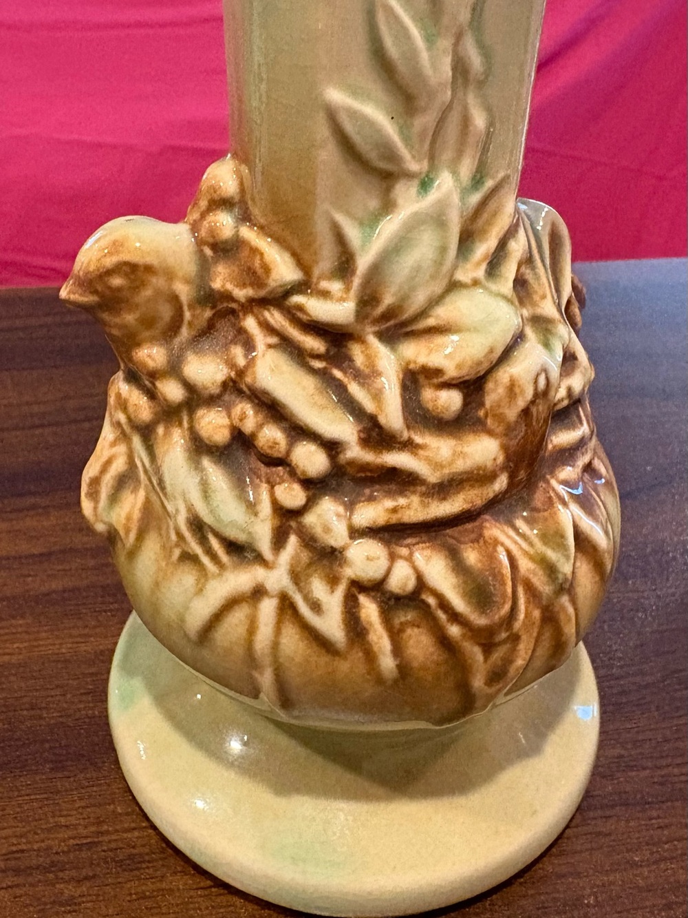 Vintage McCoy pottery Rustic Line Vase featuring nesting birds green and brown.